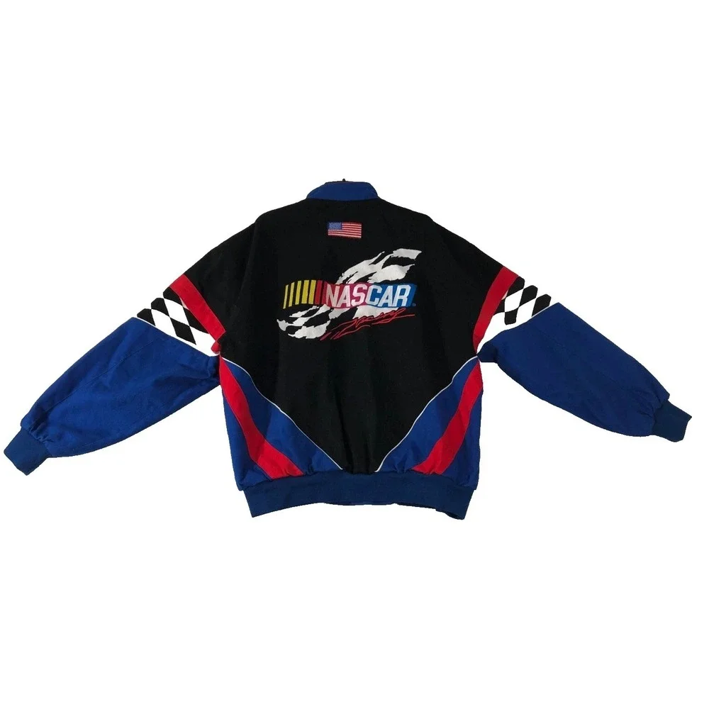 JH Design‎ NASCAR Jacket Men's 2XL XXL Black Blue Red Flag Logo Racing Coat